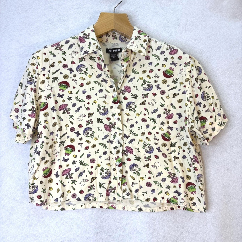Hot Topic Mushroom Frog Button Up Crop Shirt Med Cottagecore Fairy Whimsy Goblin